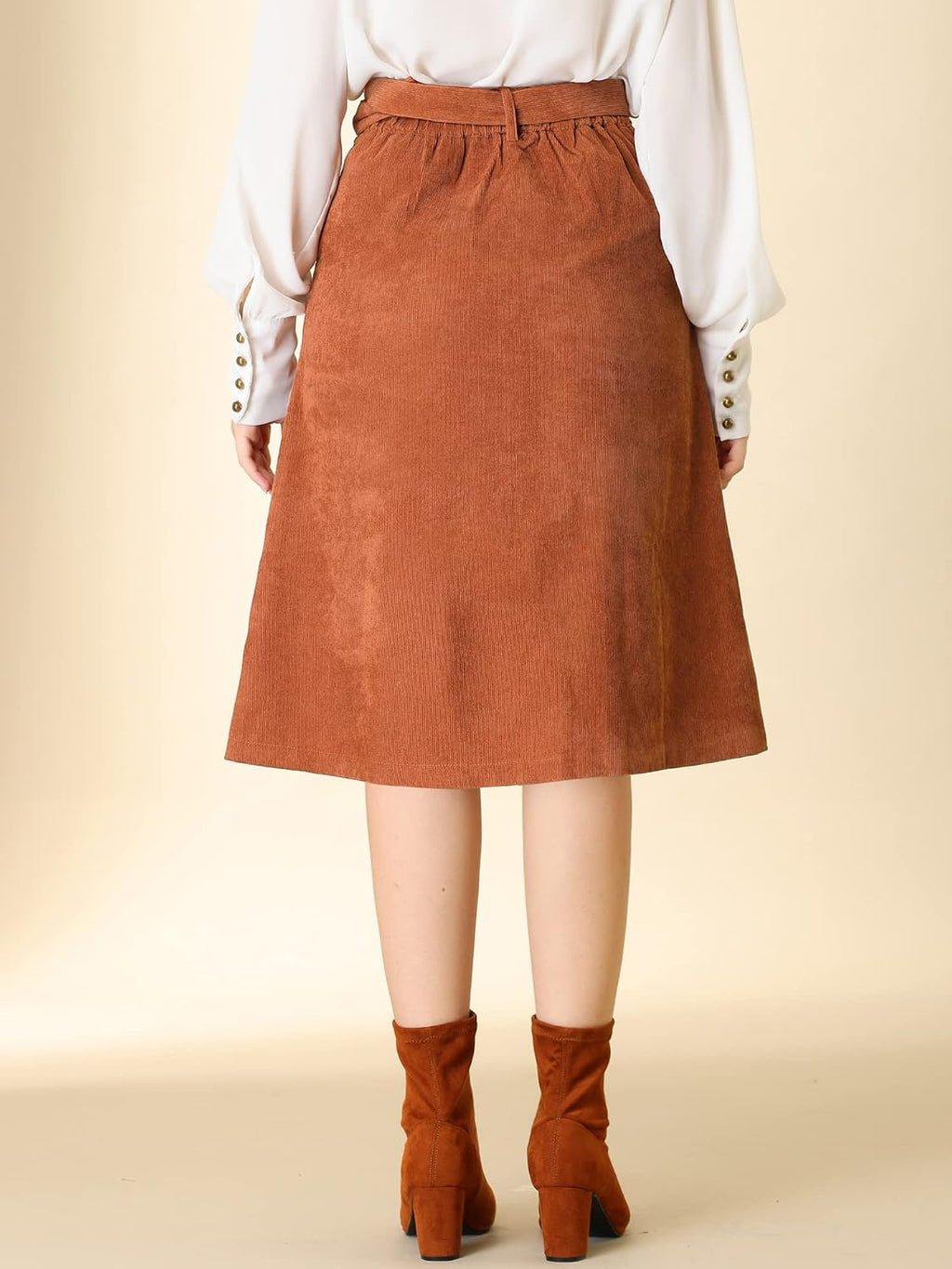 Allegra K Women's Button Front High Waist A-Line Belted Corduroy Midi Skirt