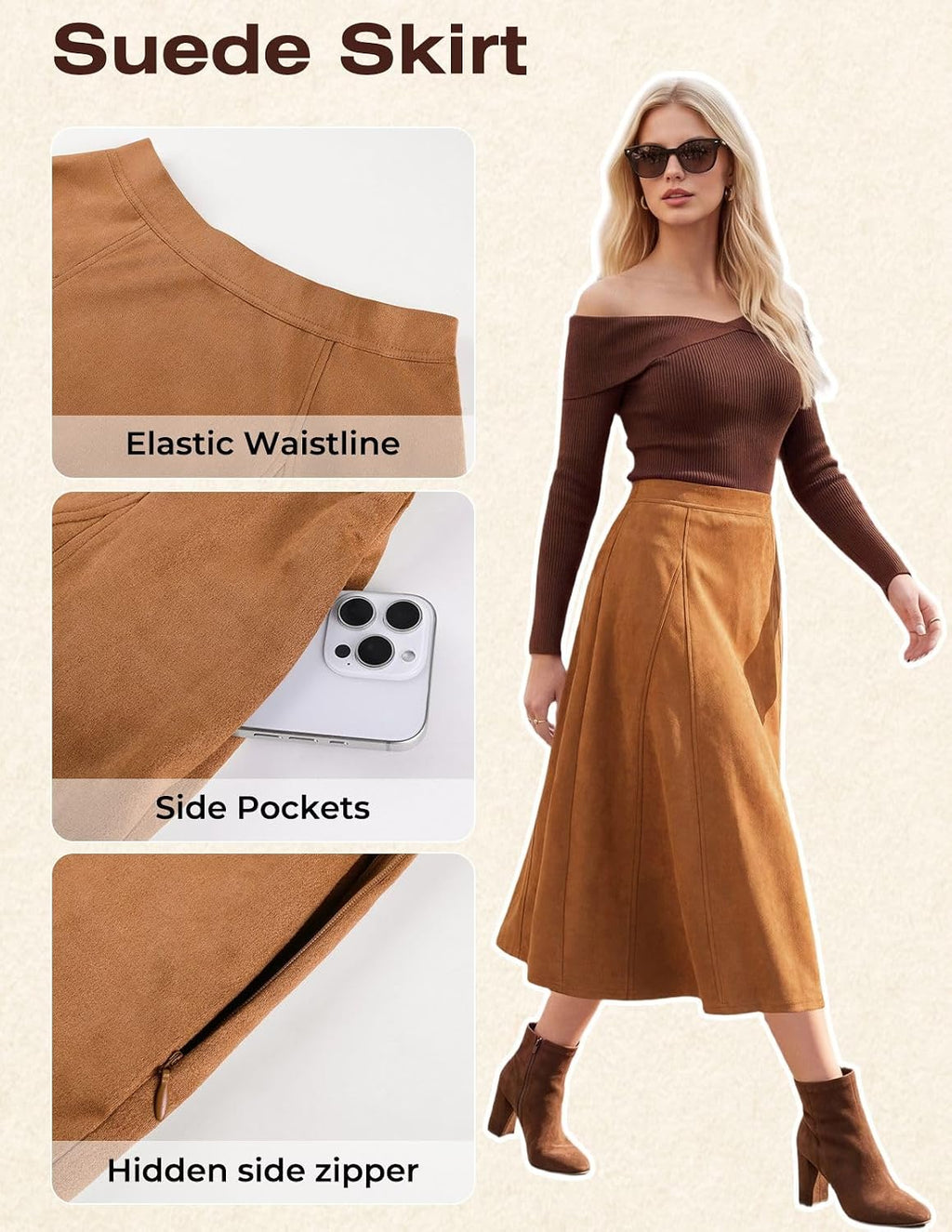 2026 Women's Suede Skirts, High Waist A-Line Skirt, Fall Winter Midi Skirt