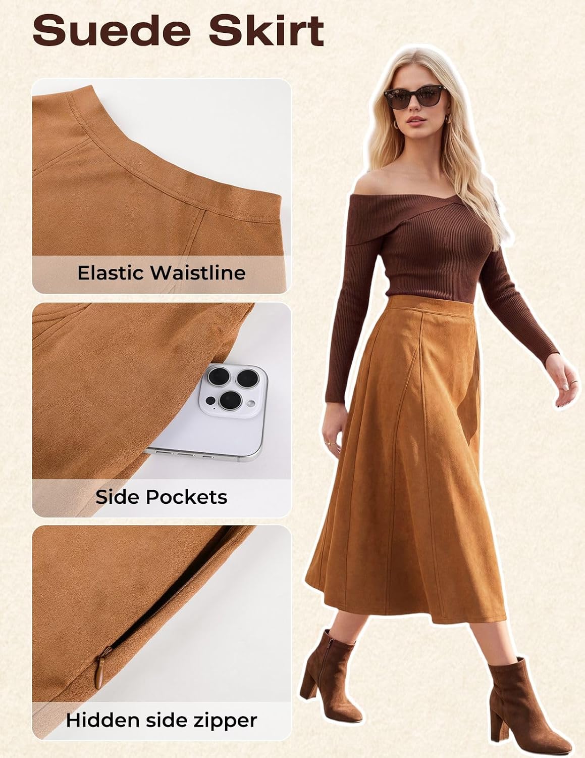 2026 Women's Suede Skirts, High Waist A-Line Skirt, Fall Winter Midi Skirt