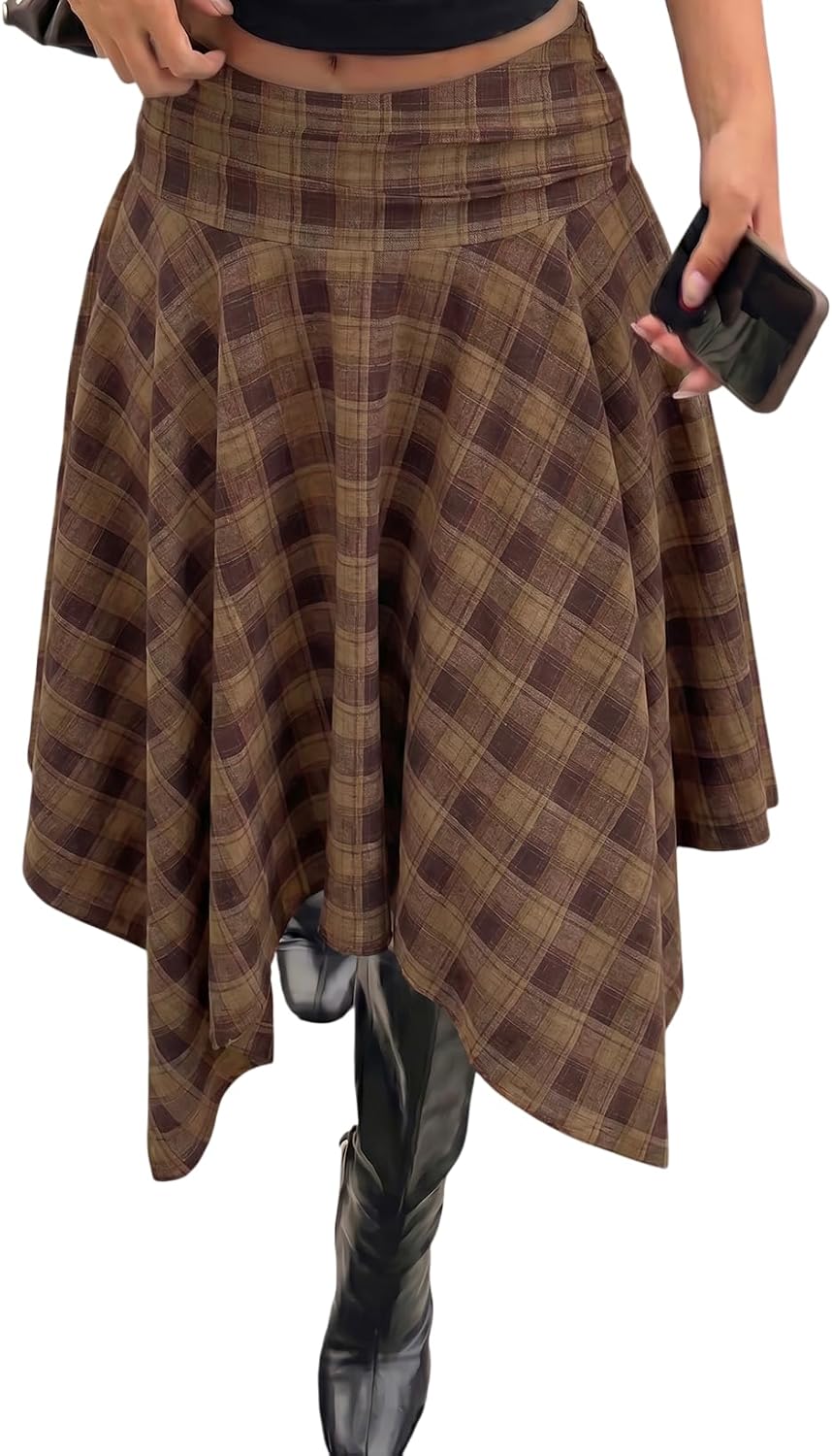 Acelitt Women’s Plaid Midi Skirt