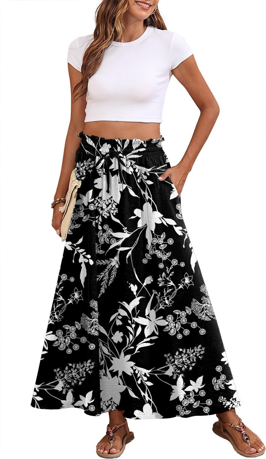 Askyes Womens Maxi Skirt Summer Tie Knot Elastic High Waisted Boho Casual Beach Flowy Swing Long Skirts with Pockets