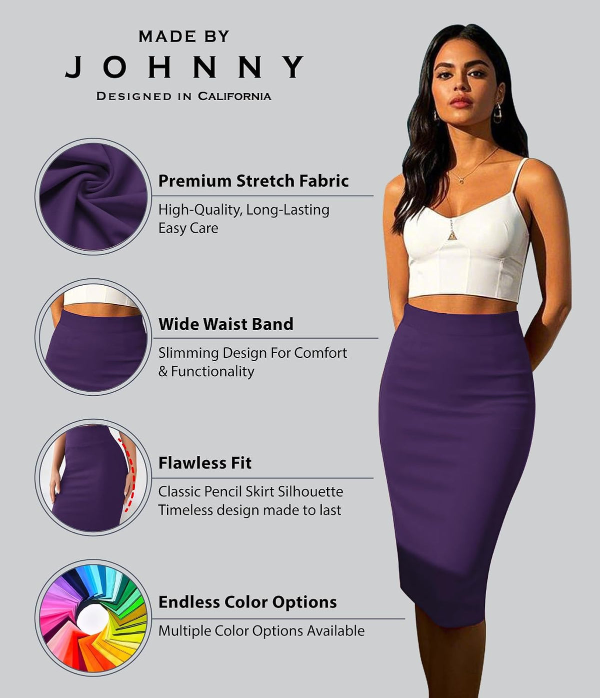 Made By Johnny Women's Premium Scuba Stretch High Waist Pencil Skirt Below Knee for Office Wear
