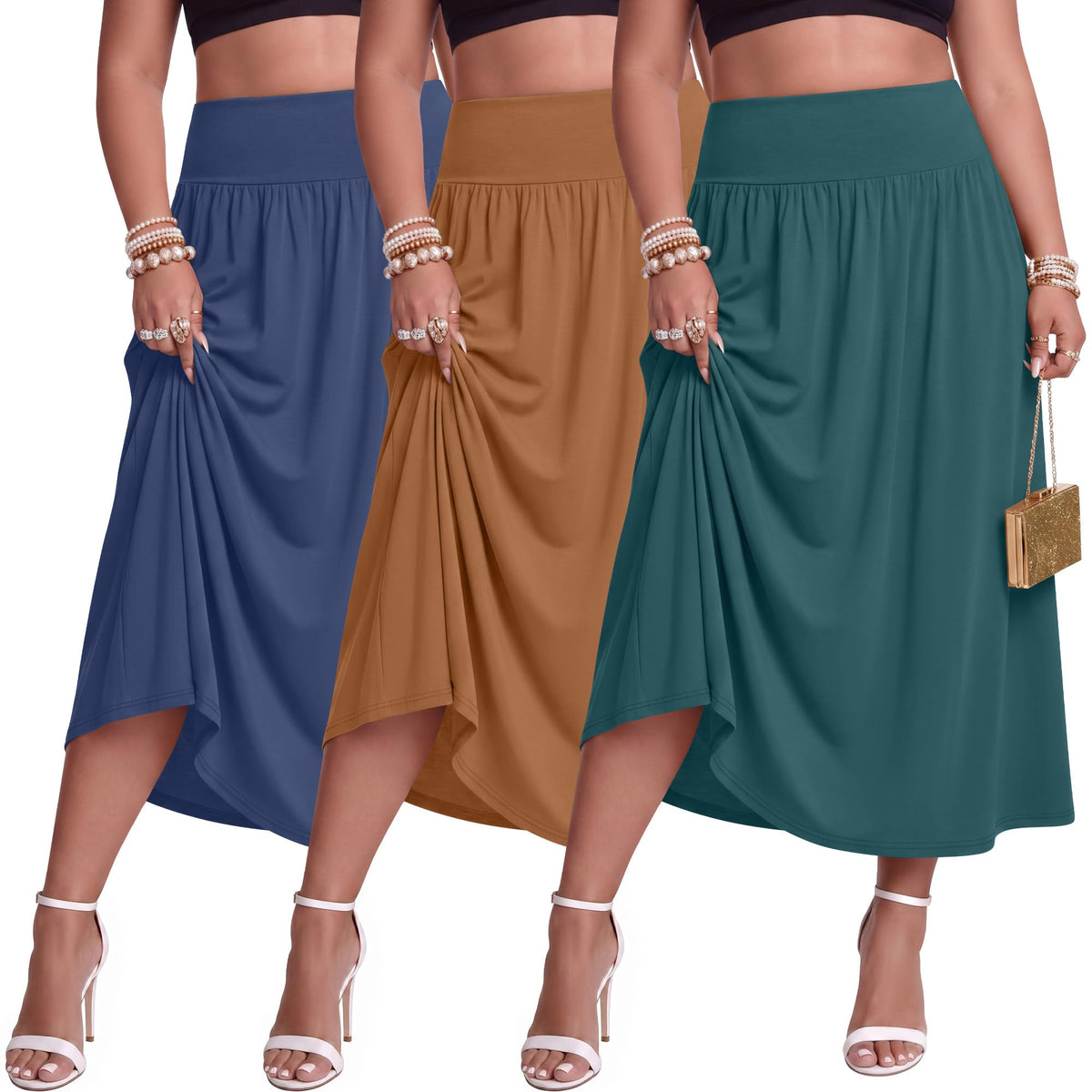 Ficerd 3 Pack Women Plus Size Skirts with Pockets