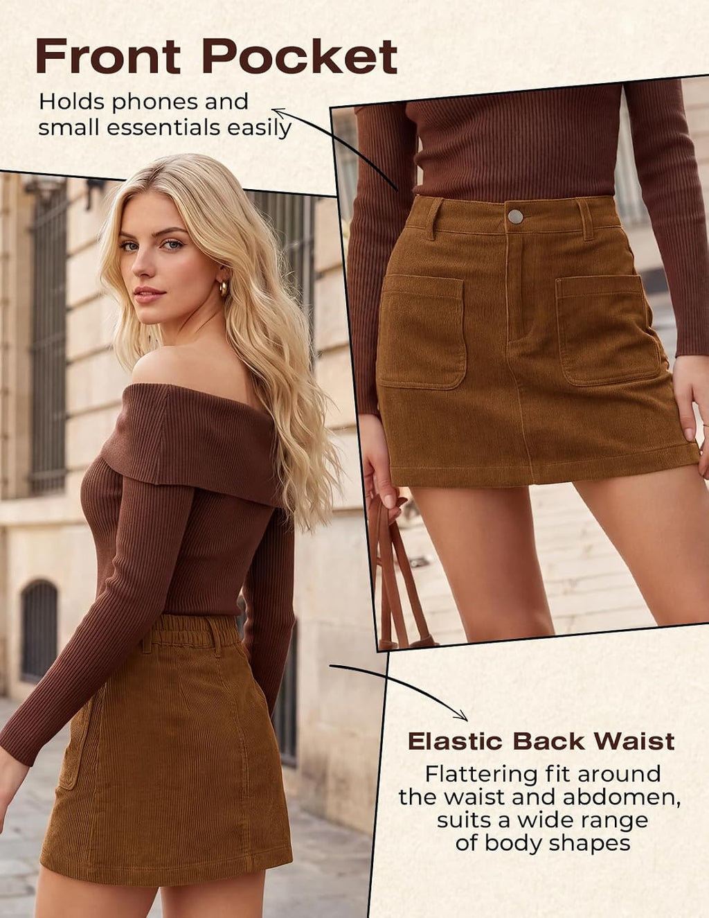 Kate Kasin Women Fall Corduroy Mini Skirt, High Waist Skirts with Pockets