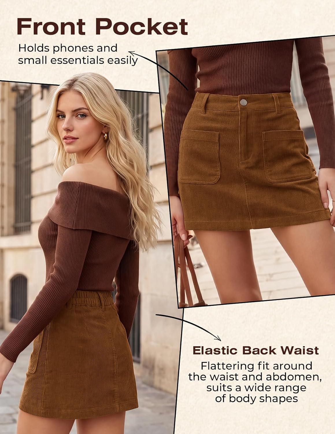 Kate Kasin Women Fall Corduroy Mini Skirt, High Waist Skirts with Pockets