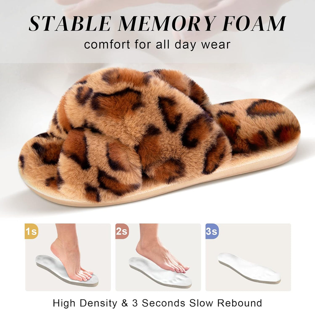 Parlovable Women's Cross Band Slippers Fuzzy Open-Toe Memory Foam