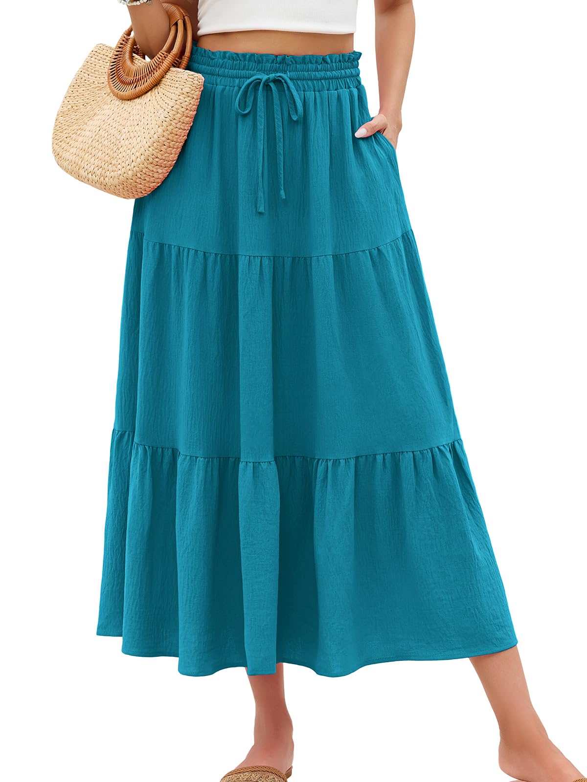 HUSKARY Women's Summer Long Maxi Flowy Tiered High Waist Trendy Ruffle Skirt with Pockets
