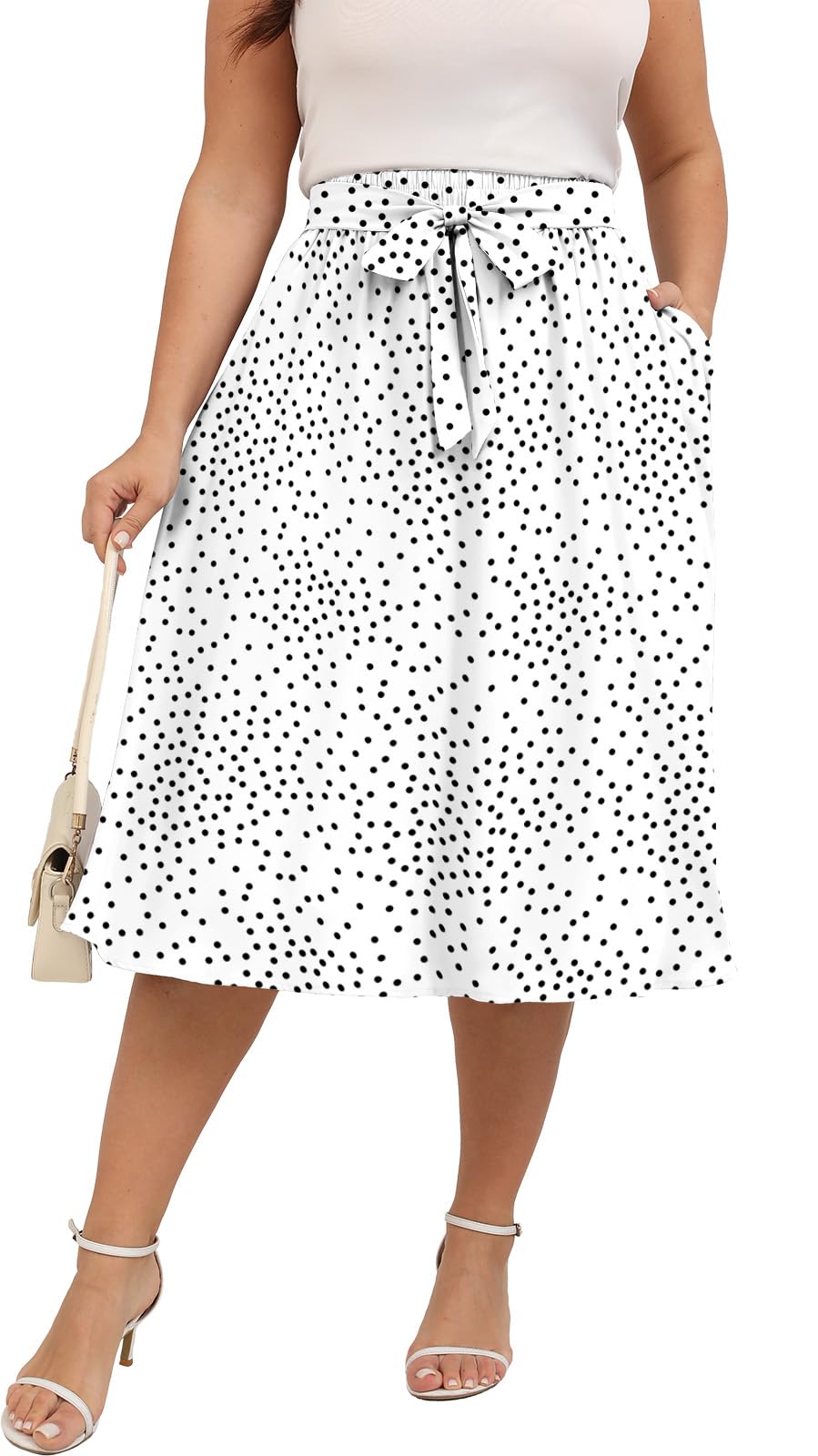 Xpenyo Womens Plus Size Midi Skirts Summer Elastic High Waisted Boho Casual Beach Flowy Swing Knee Length Skirts with Pockets