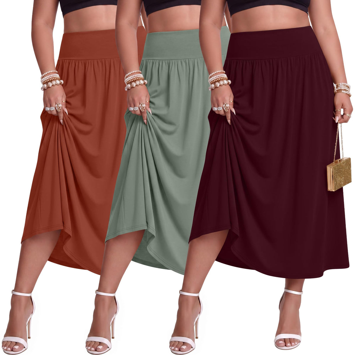 Ficerd 3 Pack Women Plus Size Skirts with Pockets