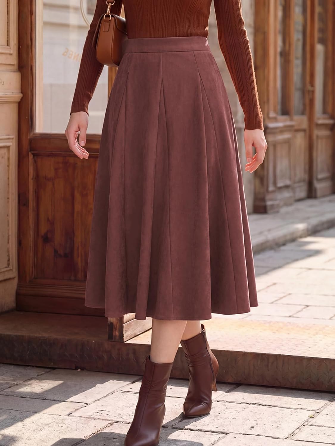 Belle Poque Women Suede Skirt High Waisted A Line Midi Skirts