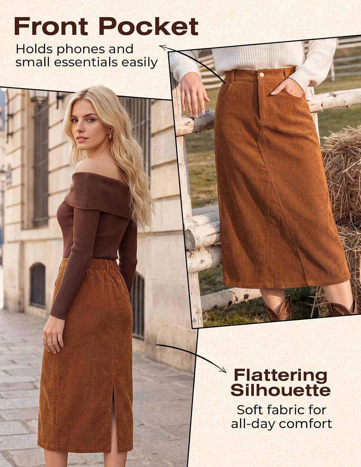 Kate Kasin Women Corduroy Midi Skirts, Fall High Waist Skirt with Pockets