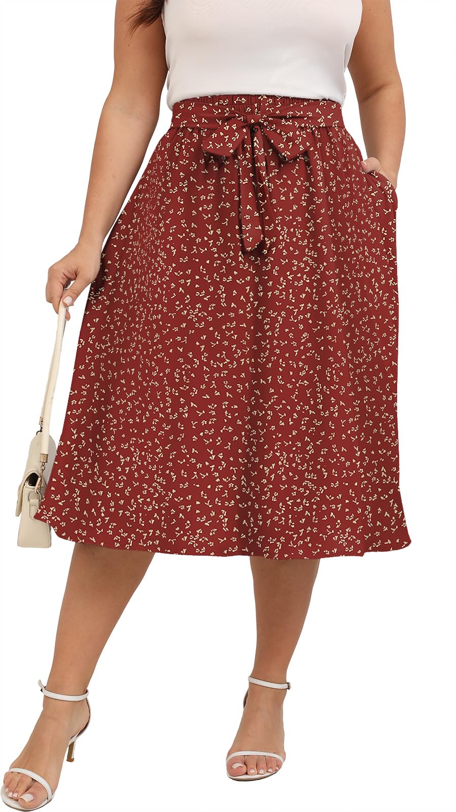 Xpenyo Womens Plus Size Midi Skirts Summer Elastic High Waisted Boho Casual Beach Flowy Swing Knee Length Skirts with Pockets