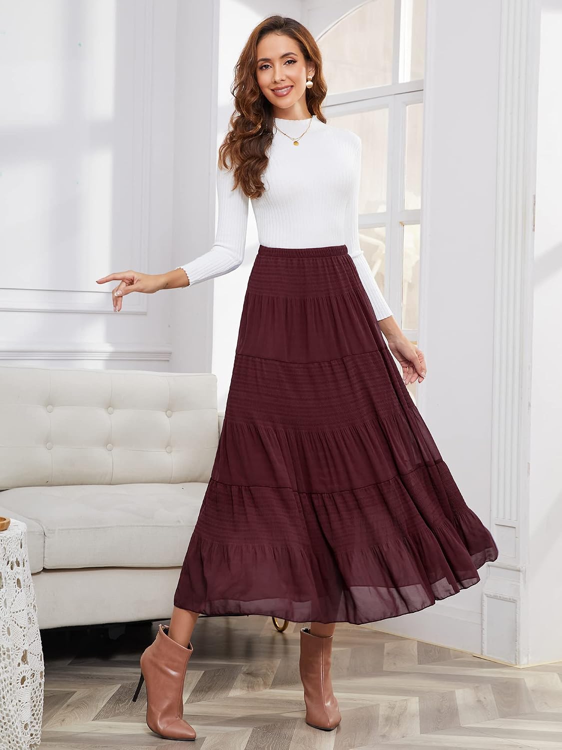 NASHALYLY Women's Chiffon Elastic High Waist Pleated A-Line Maxi Skirts