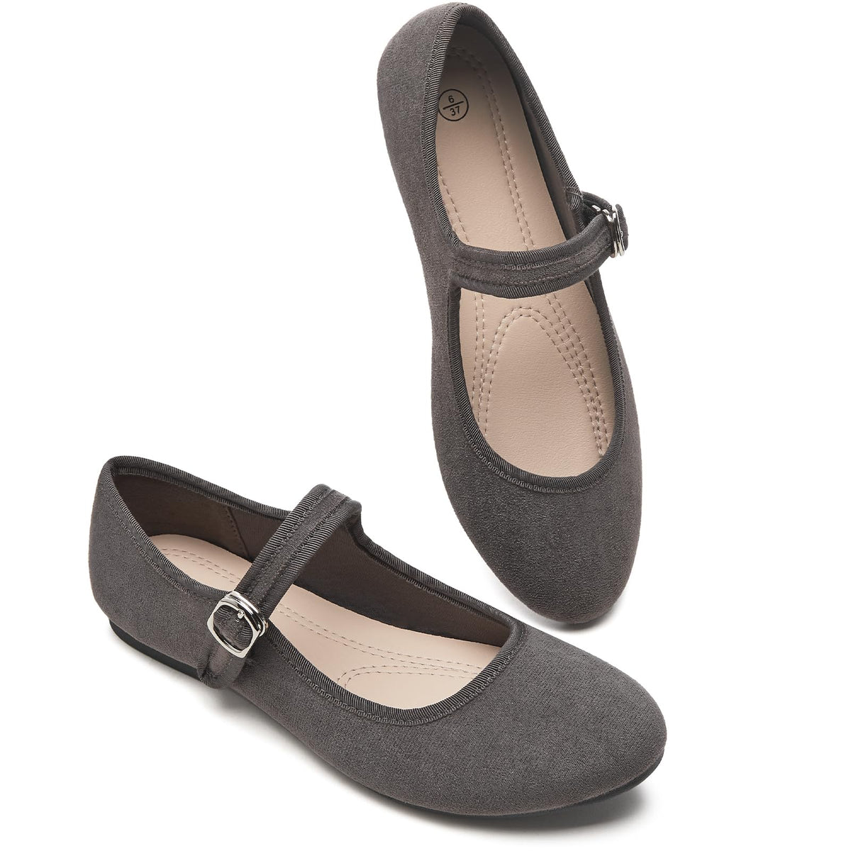 Womens Mary Jane Flats with strap,Faux Suede Black Flats,Casual Dressy Flat