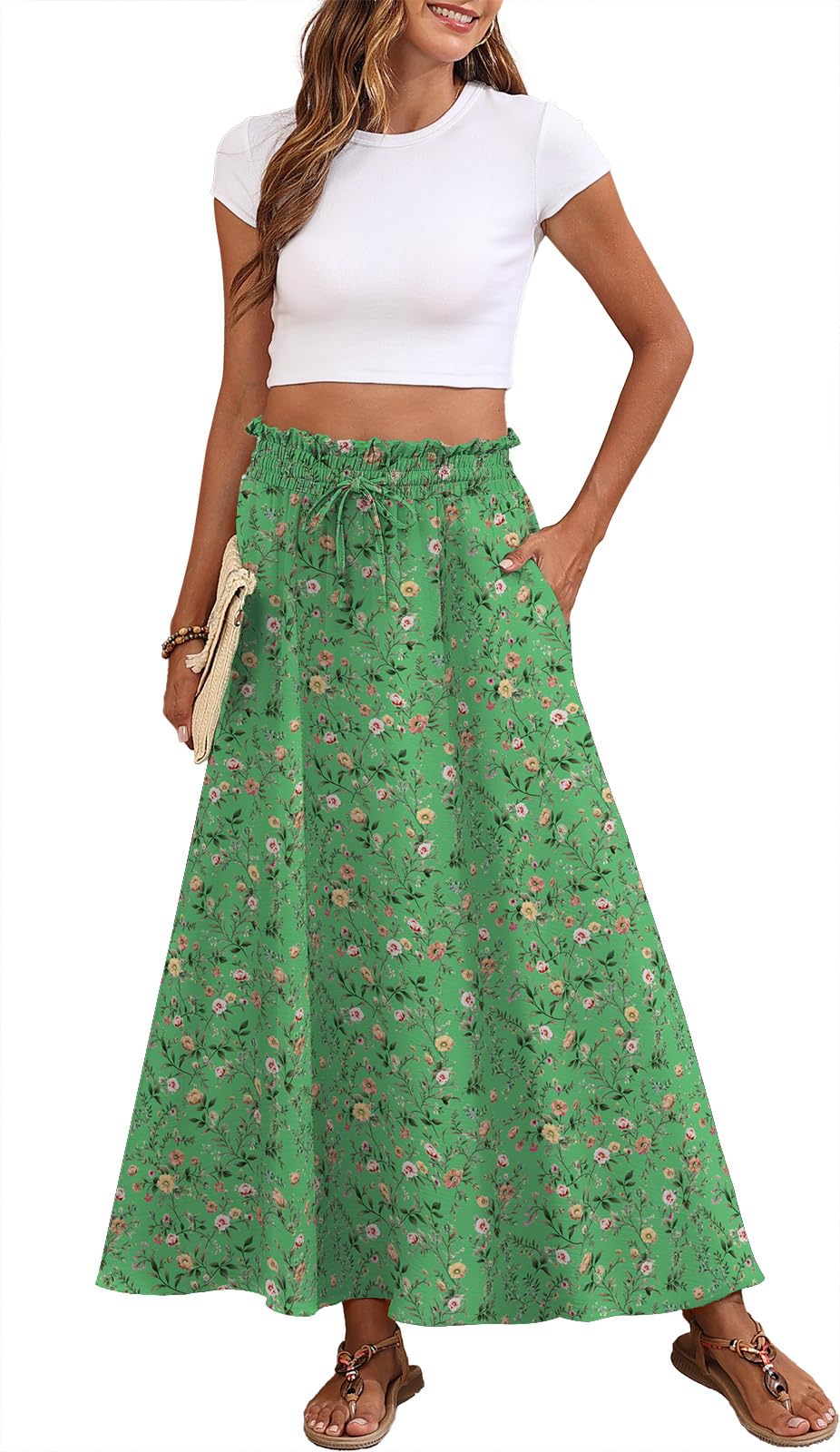 Askyes Womens Maxi Skirt Summer Tie Knot Elastic High Waisted Boho Casual Beach Flowy Swing Long Skirts with Pockets
