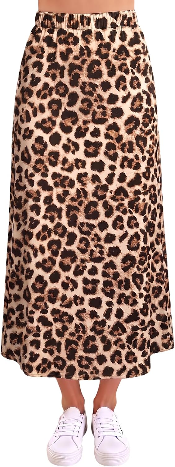 BLENCOT Women's Satin Midi Skirt Fashion Printed Elastic Waist Long Skirt