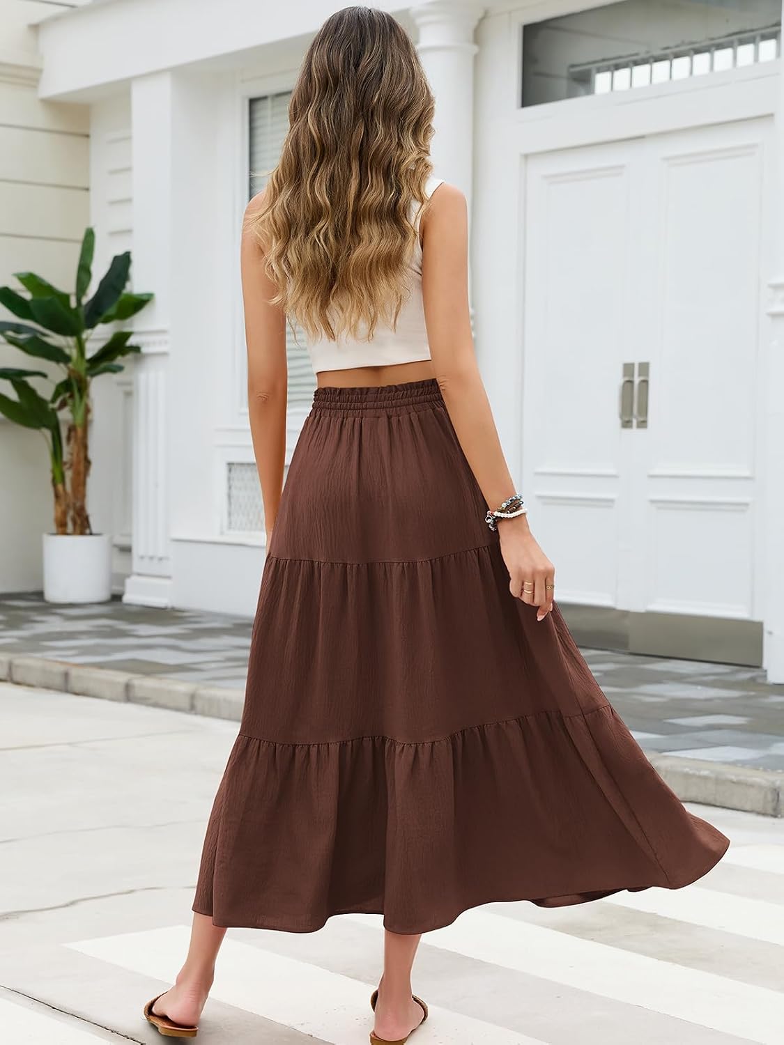 HUSKARY Women's Summer Long Maxi Flowy Tiered High Waist Trendy Ruffle Skirt with Pockets