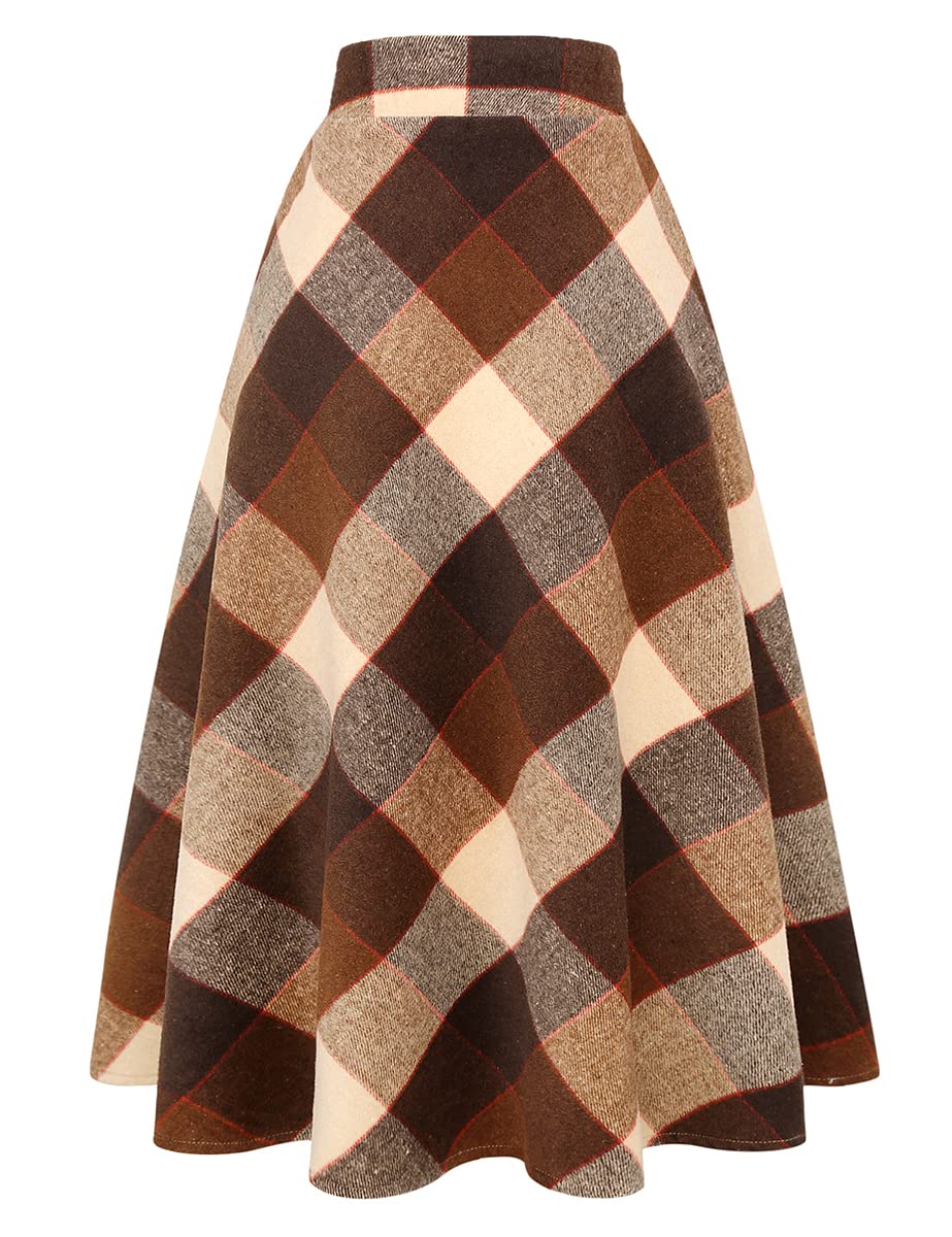 IDEALSANXUN Womens Plaid Wool Skirts Elastic Waist A-Line Pleated Tartan Long Skirts
