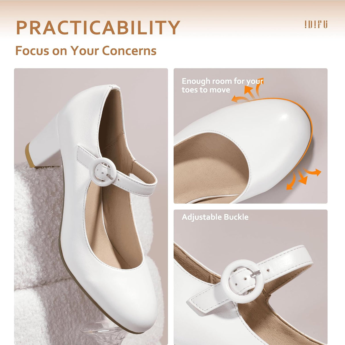 IDIFU Women's Mary Jane Dress Shoes Low Block Closed Round Toe Heels