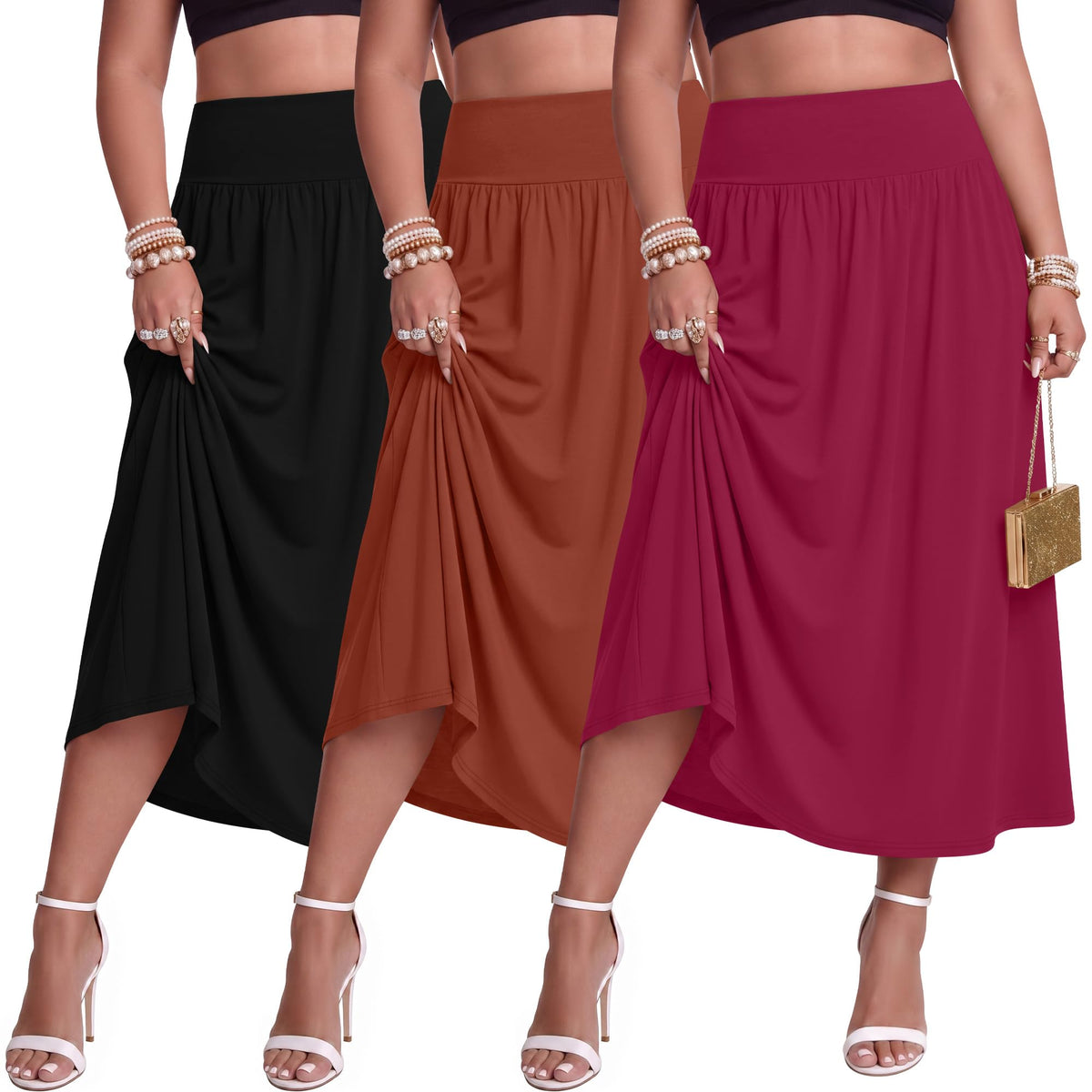 Ficerd 3 Pack Women Plus Size Skirts with Pockets