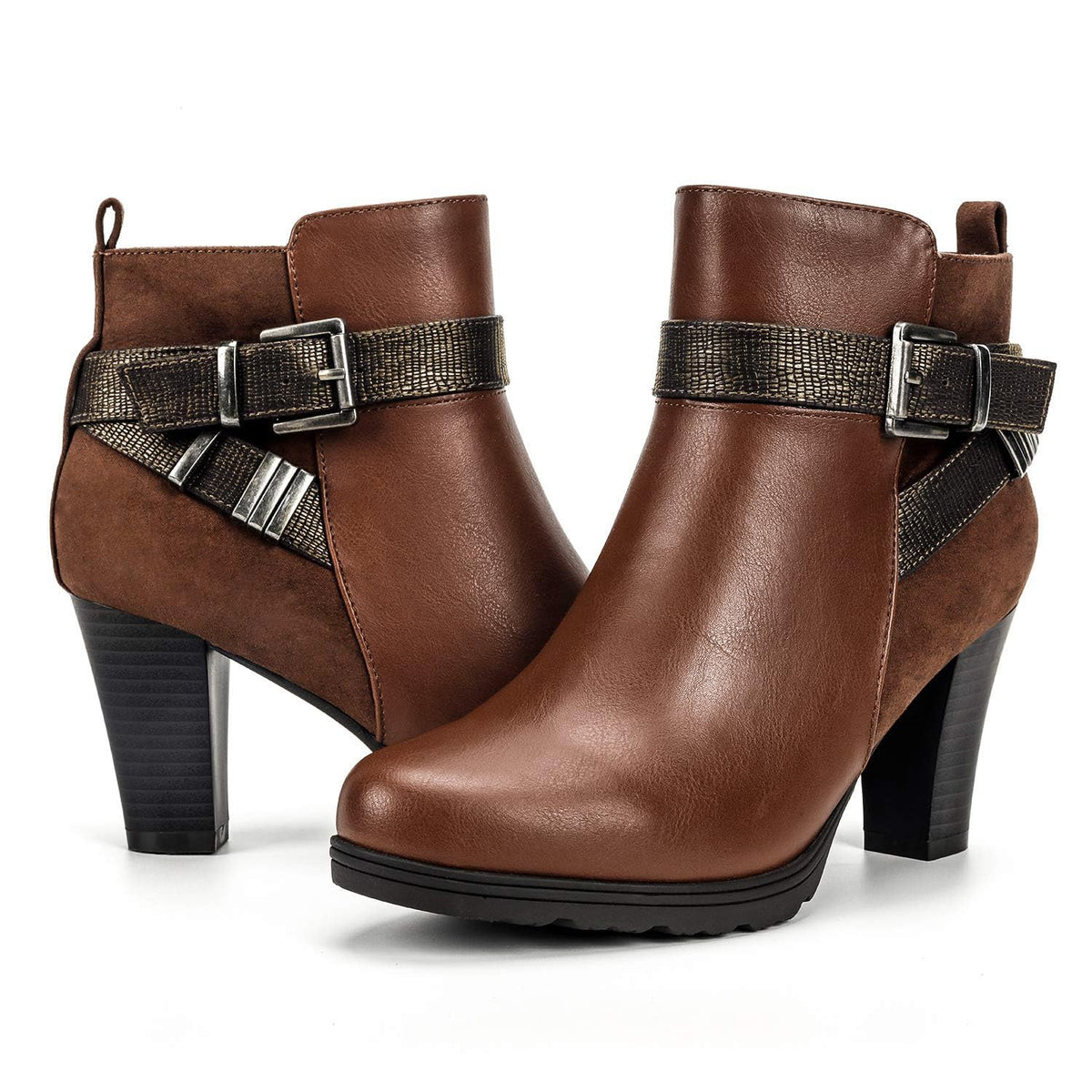 mysoft Women's Chunky Stacked Heel Ankle Boots Zipper Buckle Booties