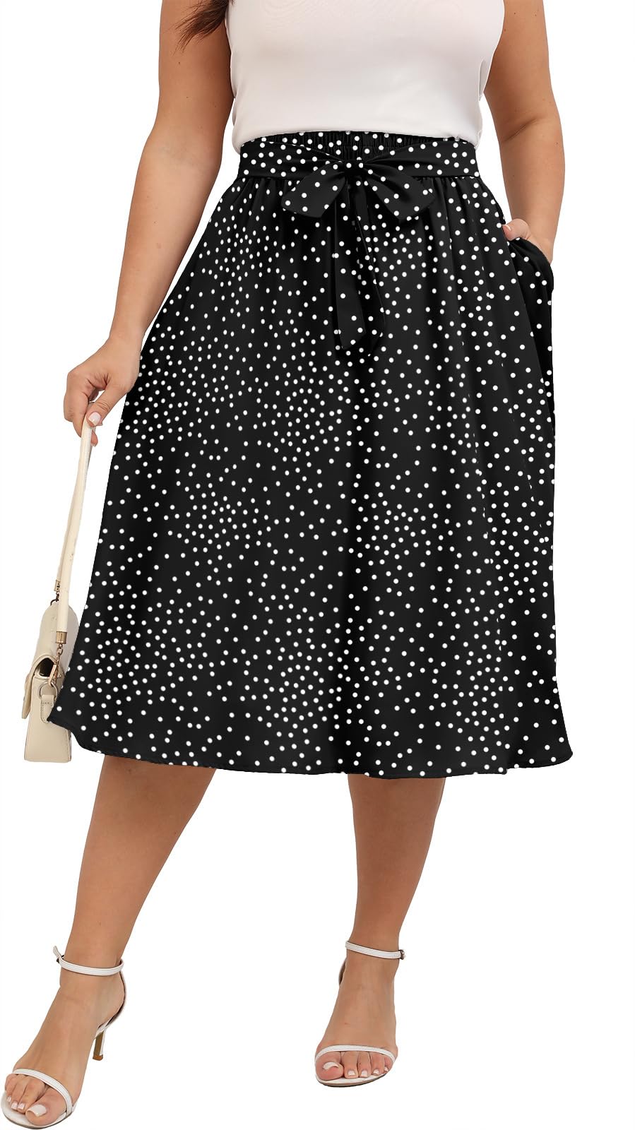 Xpenyo Womens Plus Size Midi Skirts Summer Elastic High Waisted Boho Casual Beach Flowy Swing Knee Length Skirts with Pockets