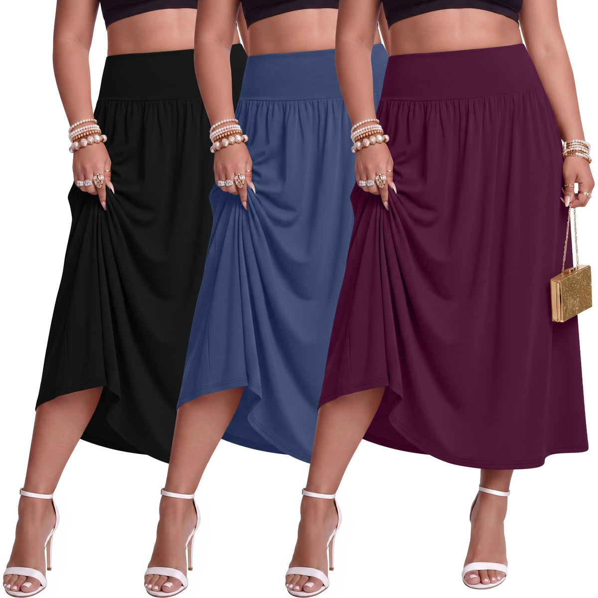 Ficerd 3 Pack Women Plus Size Skirts with Pockets