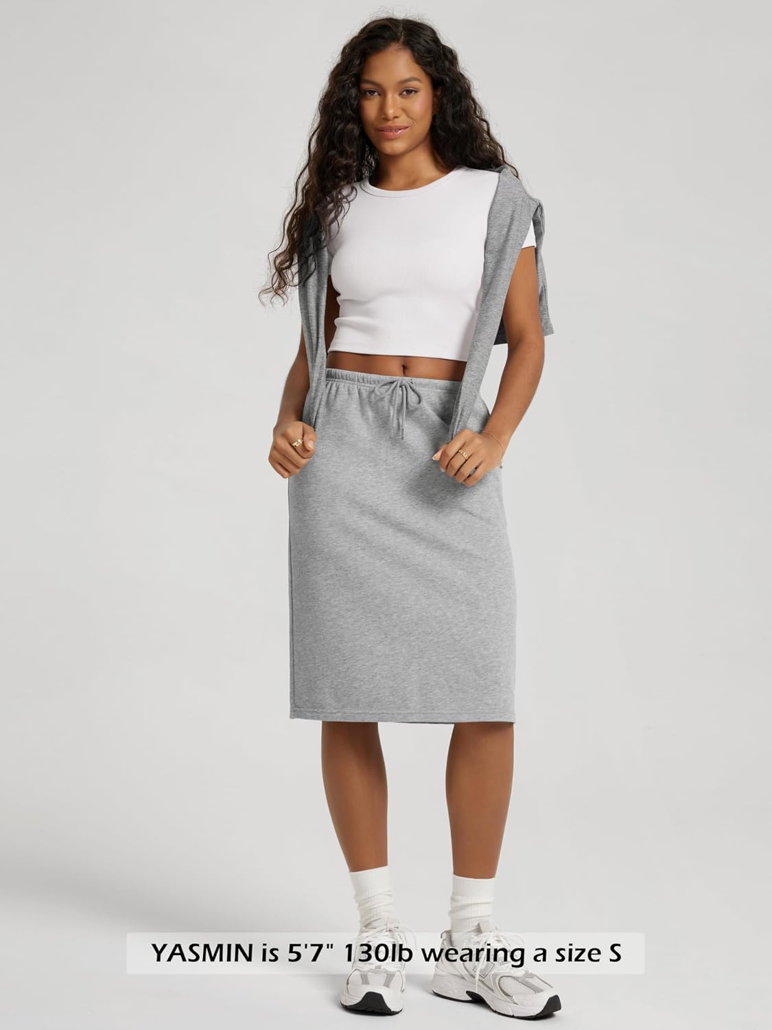 ODODOS Women's Back Split Knee Length Skirt - Cotton French Terry Drawstring Tie High Waist Casual Skirts with Pockets