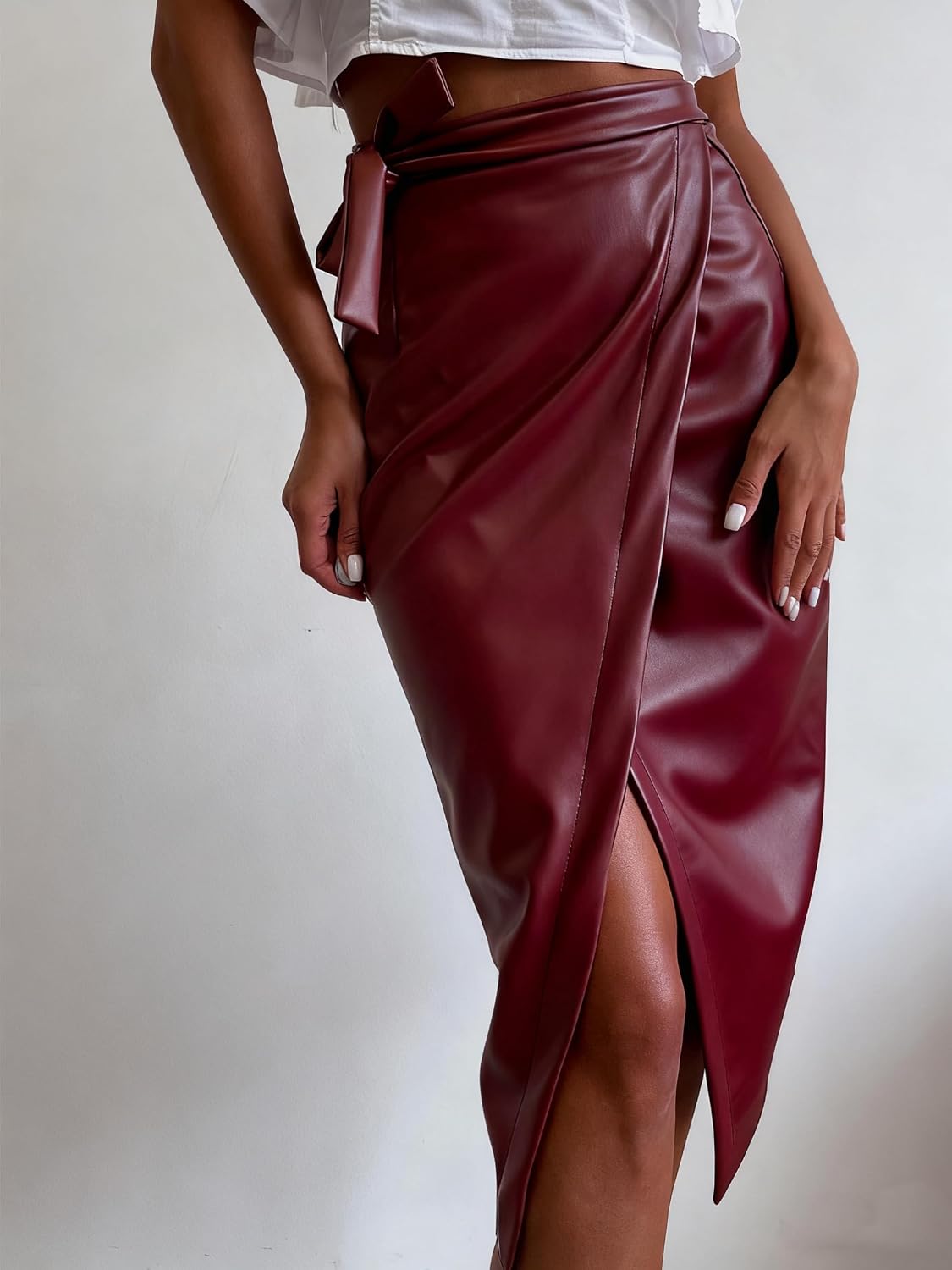 utcoco Womens Faux Leather Wrap Long Skirt Elegant Bodycon Midi Skirt