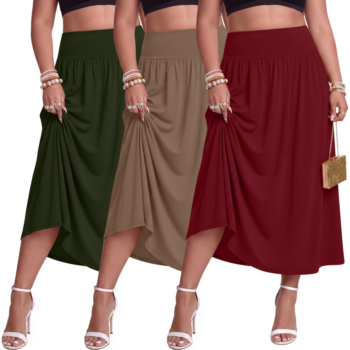 Ficerd 3 Pack Women Plus Size Skirts with Pockets