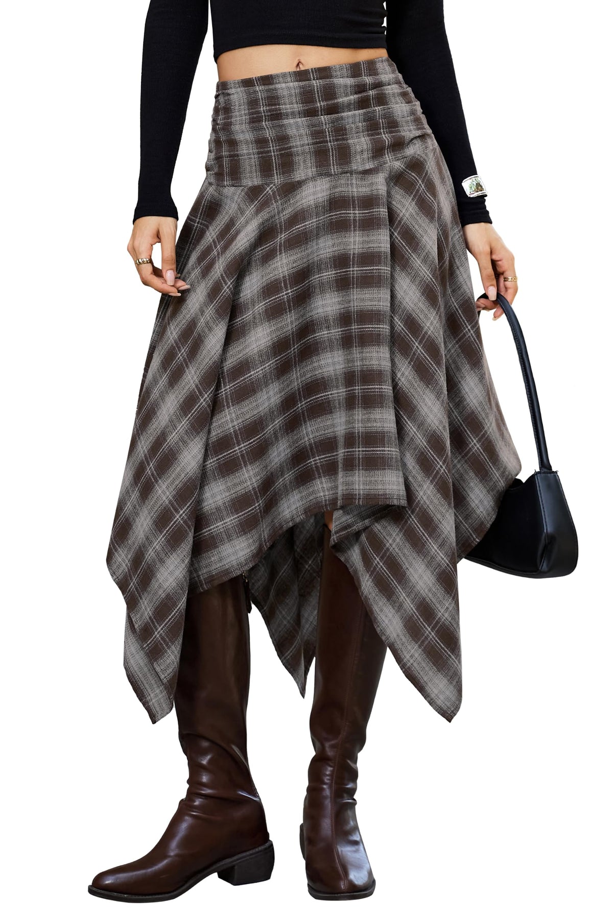 Bsubseach Women Asymmetrical Plaid Midi Skirt Y2k Handkerchief Fall Skirt