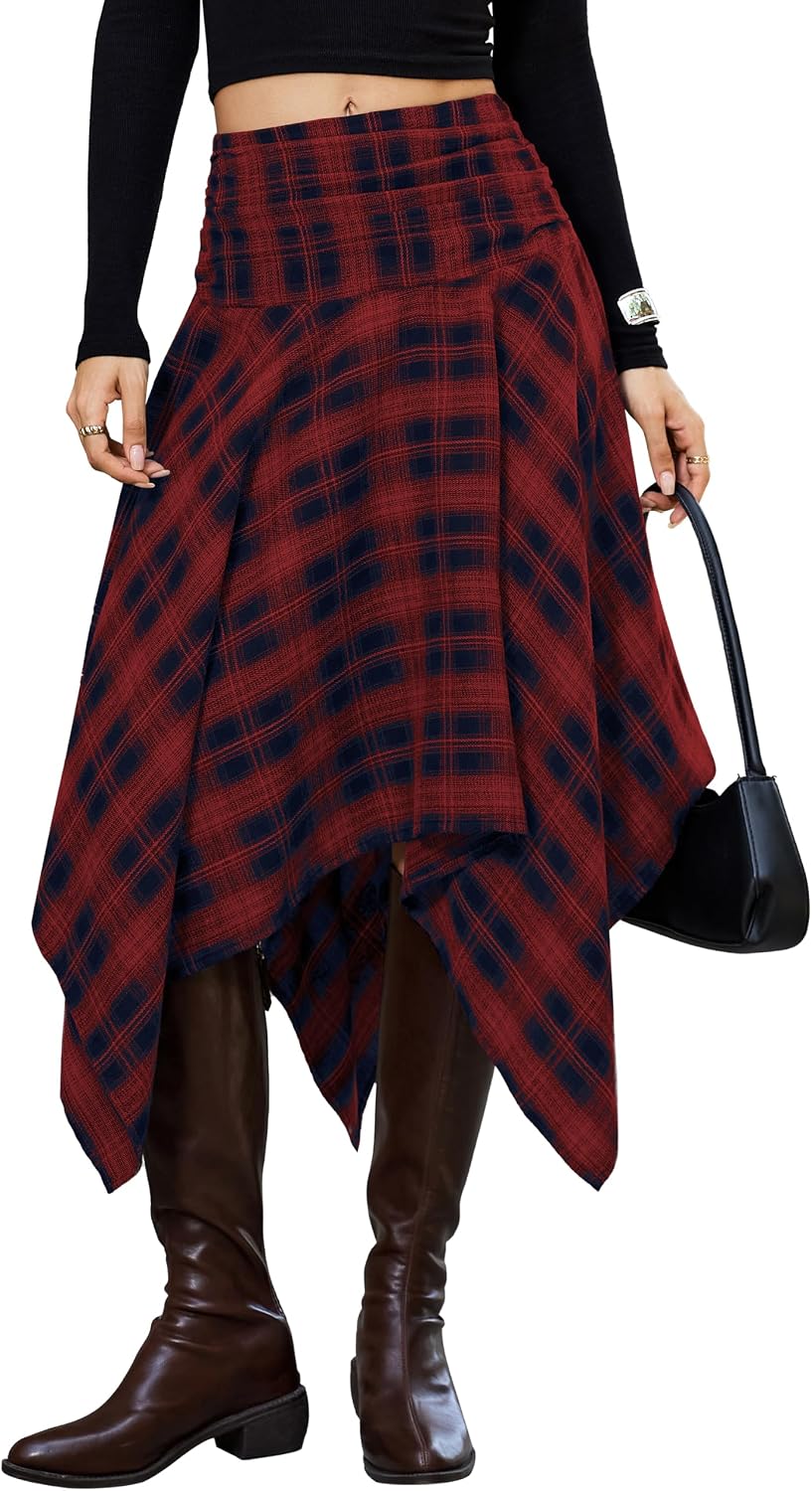 Bsubseach Women Asymmetrical Plaid Midi Skirt Y2k Handkerchief Fall Skirt