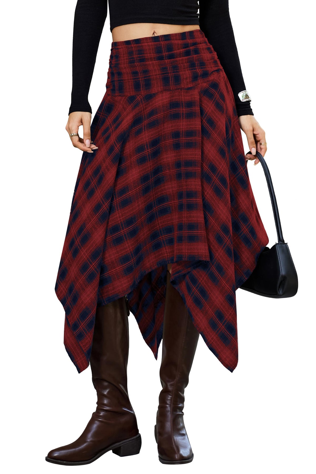 Bsubseach Women Asymmetrical Plaid Midi Skirt Y2k Handkerchief Fall Skirt