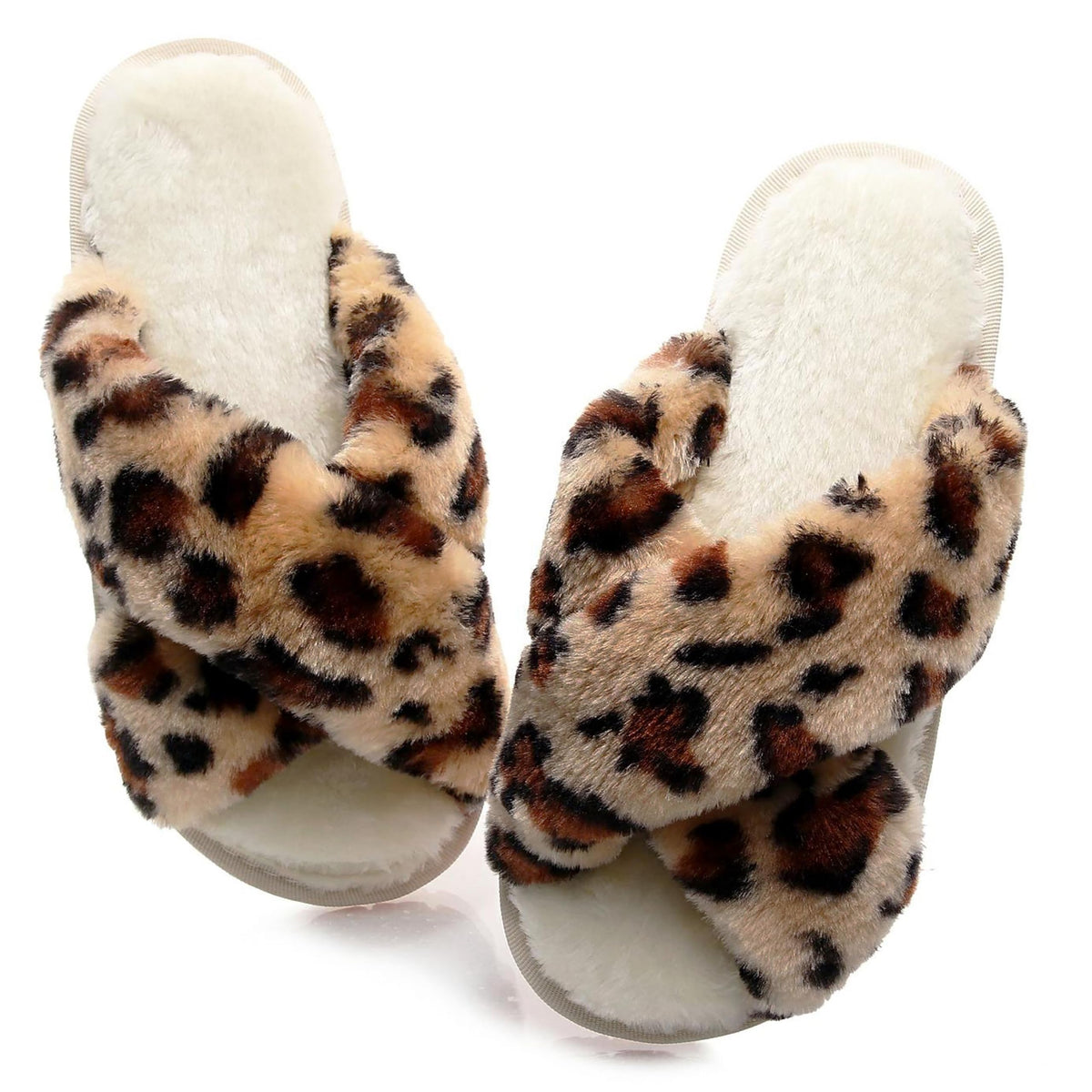Crazy Lady Womens Fuzzy House Slippers Cross Band Memory Foam Sandals