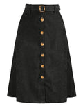 Allegra K Women's Button Front High Waist A-Line Belted Corduroy Midi Skirt