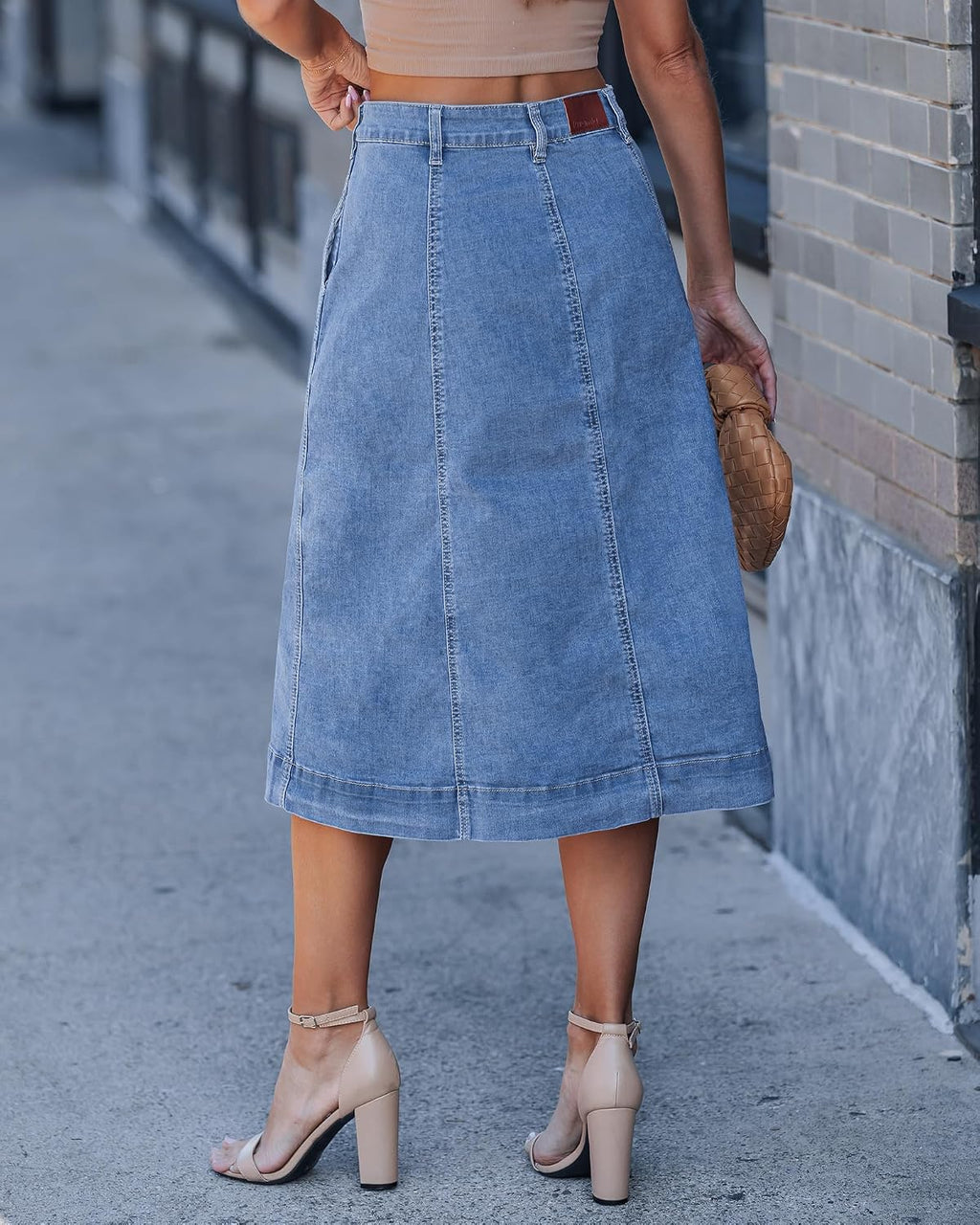 luvamia Jean Skirts for Women Trendy Midi Length A Line Western Casual Button Down Stretchy Denim Skirt with Pockets