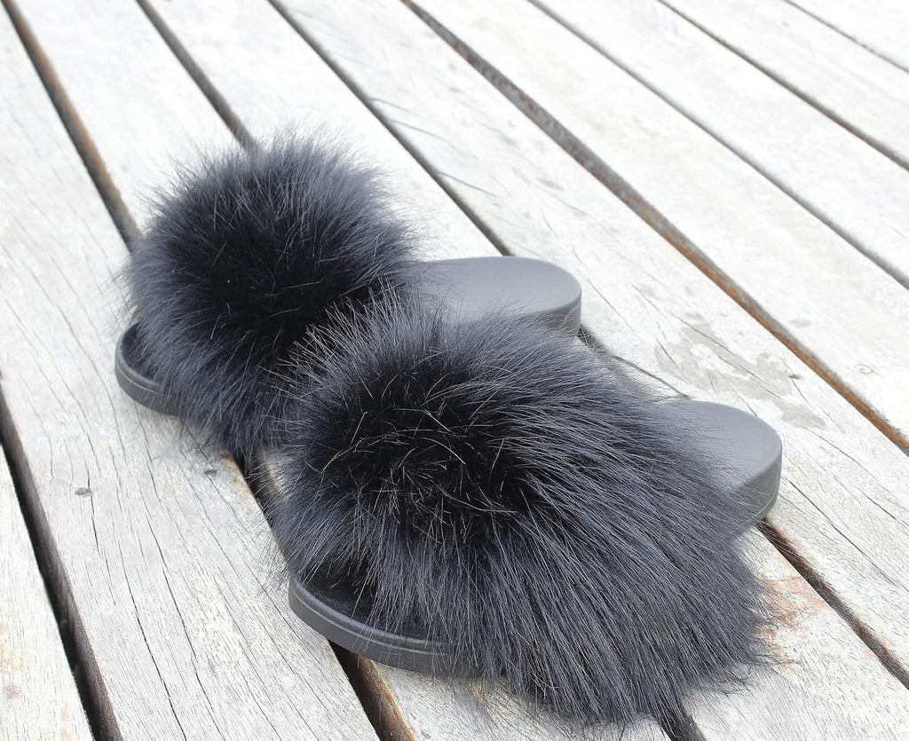 Faux Fur Slides for Women, Fuzzy Slippers Fluffy Sandals Furry House Shoes Indoor Outdoor