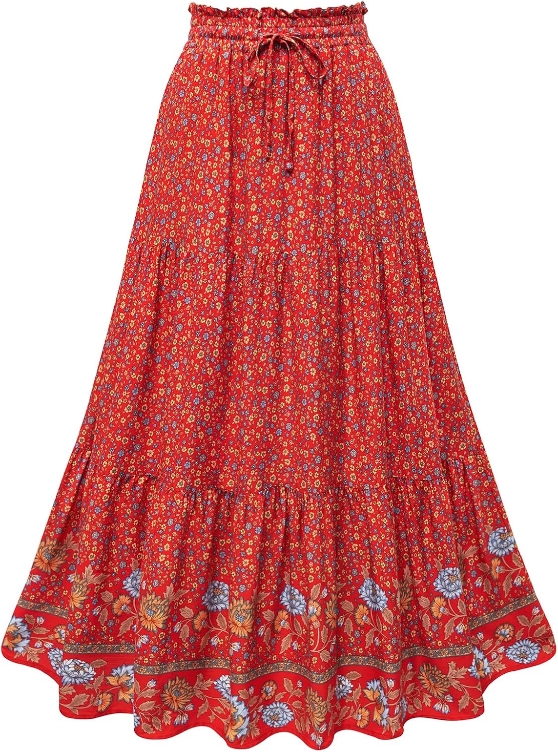 HUSKARY Women's Summer Long Maxi Flowy Tiered High Waist Trendy Ruffle Skirt with Pockets