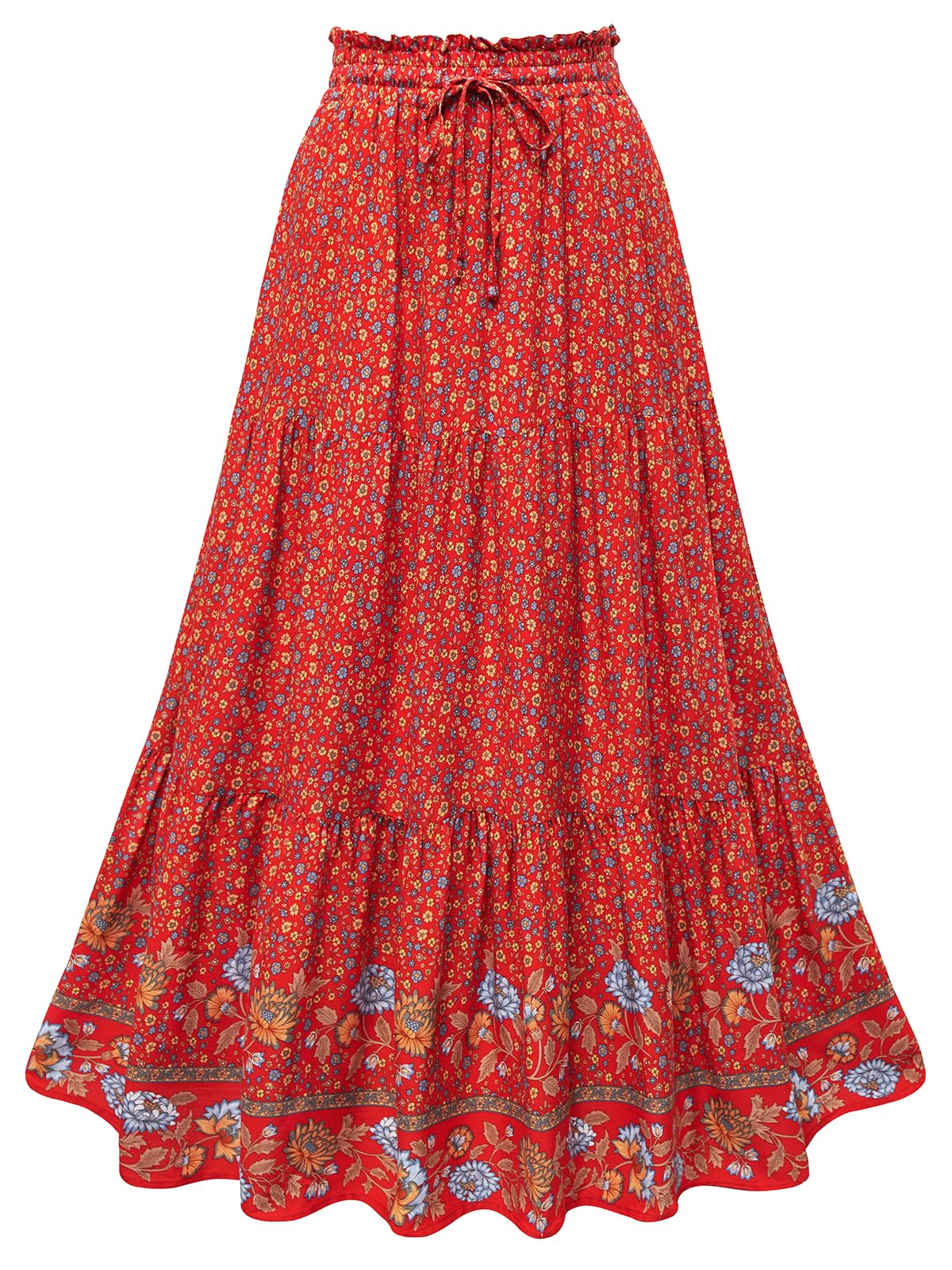 HUSKARY Women's Summer Long Maxi Flowy Tiered High Waist Trendy Ruffle Skirt with Pockets