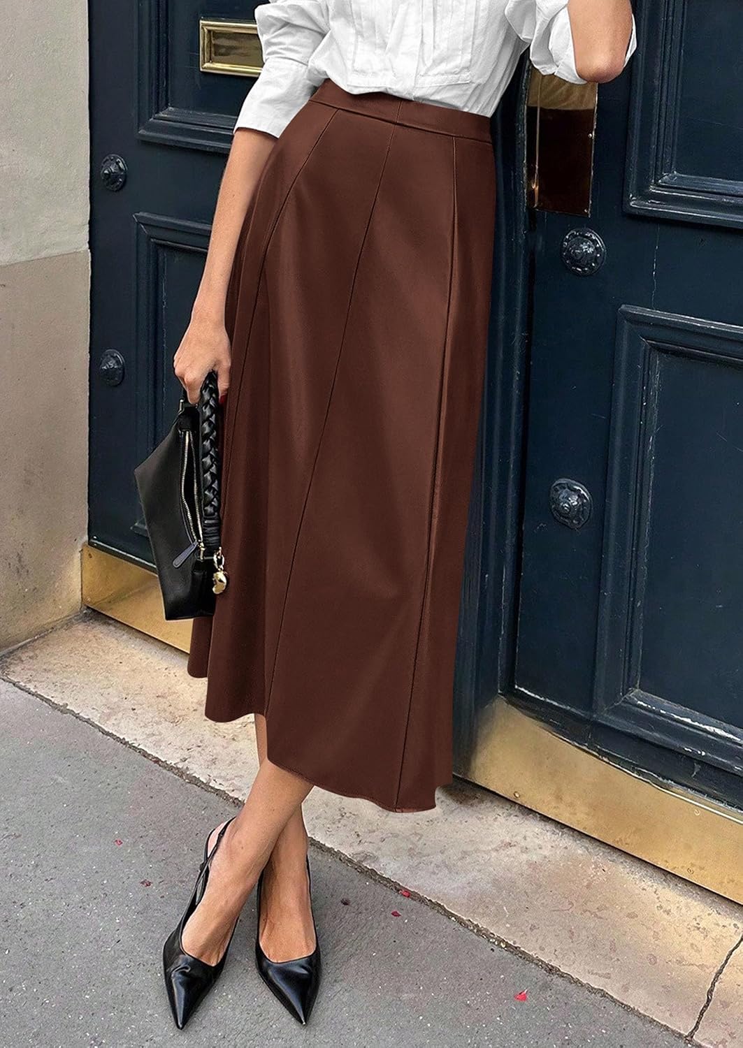 PRETTYGARDEN Womens Faux Leather High Waisted Midi Skirt