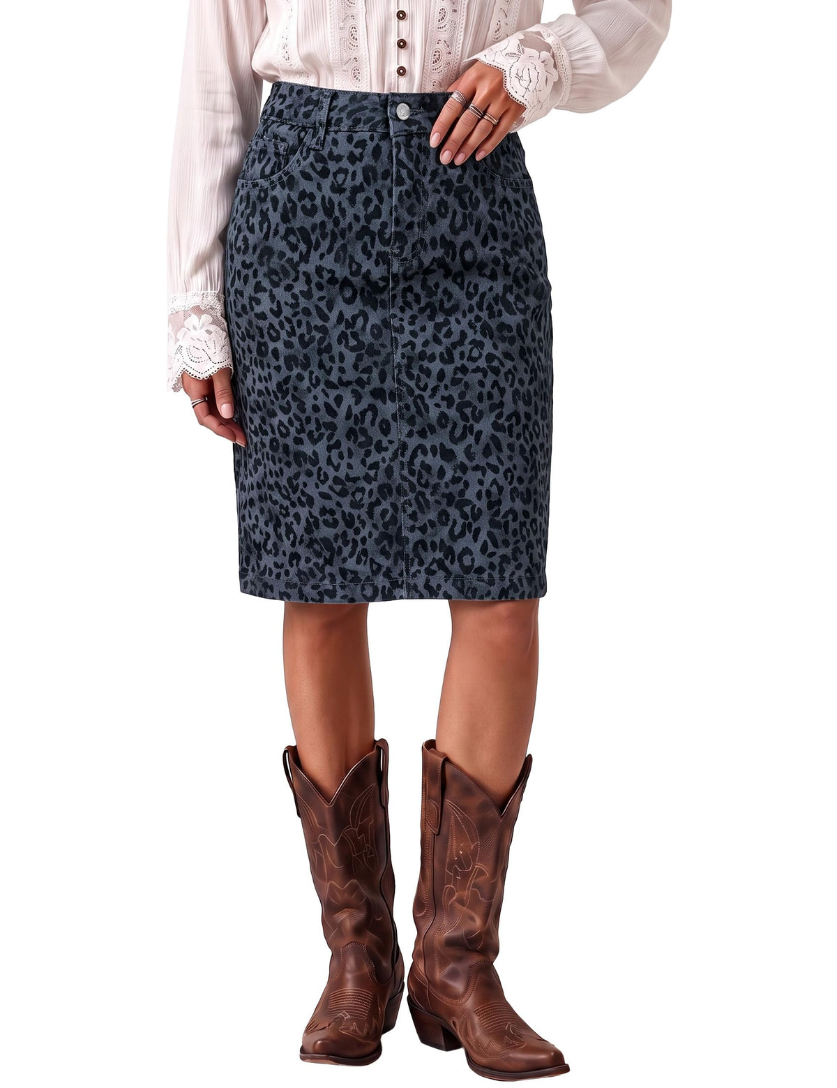 luvamia Leopard Midi Skirts for Women High Waisted A Line Denim Jean Skirt