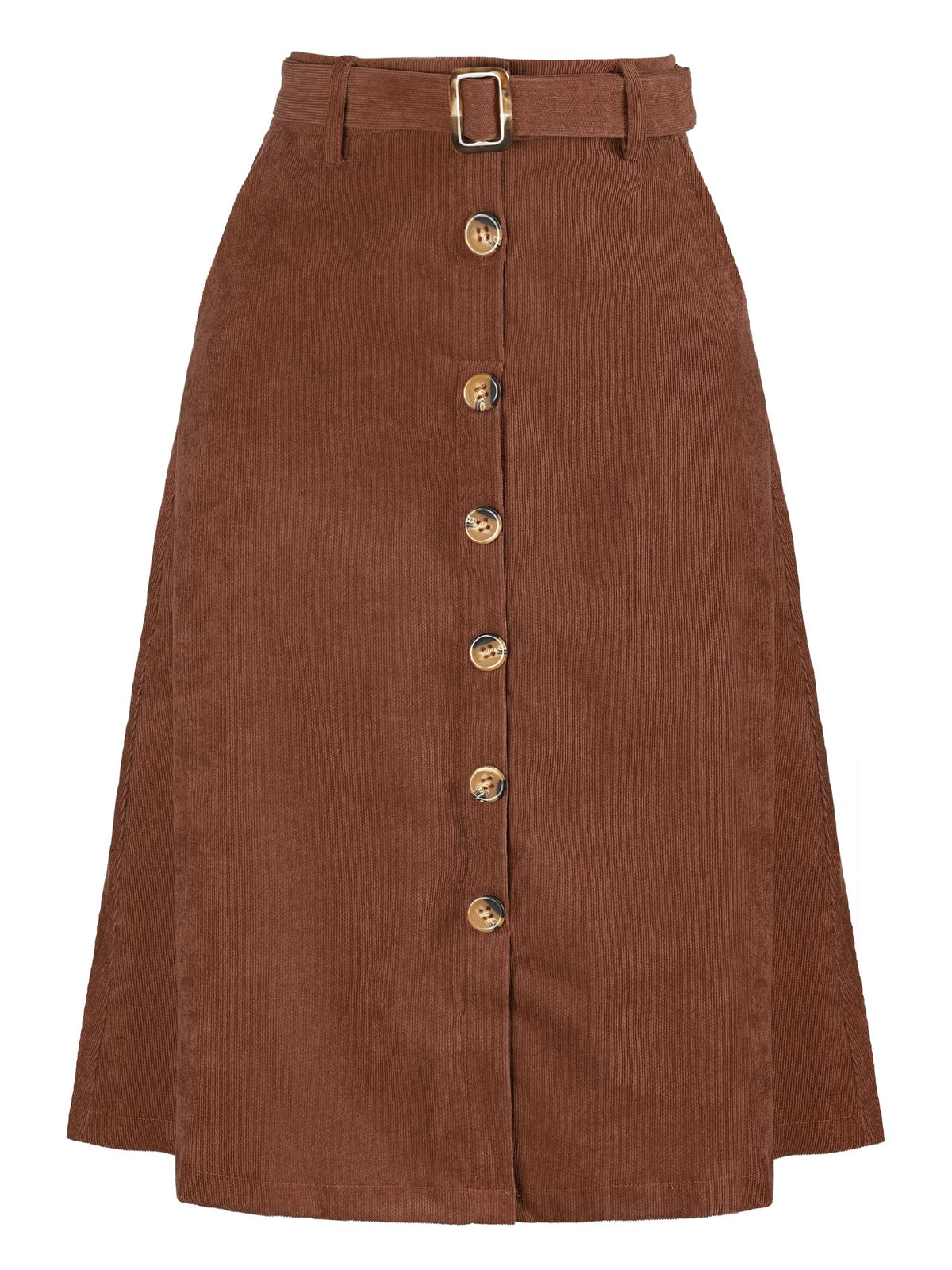 Allegra K Women's Button Front High Waist A-Line Belted Corduroy Midi Skirt