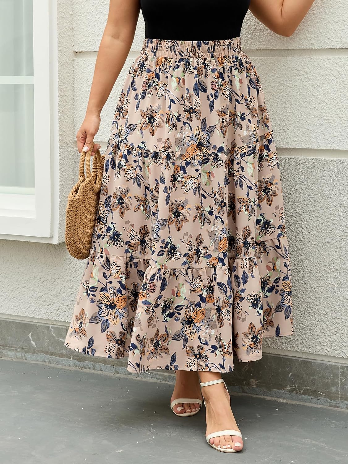 SHESTARR Women Plus Size Skirt Floral Tiered Maxi Skirts