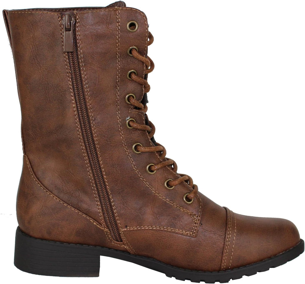 Forever Link Womens Round Toe Military Lace Up Knit Ankle Cuff Low Heel Combat Boots