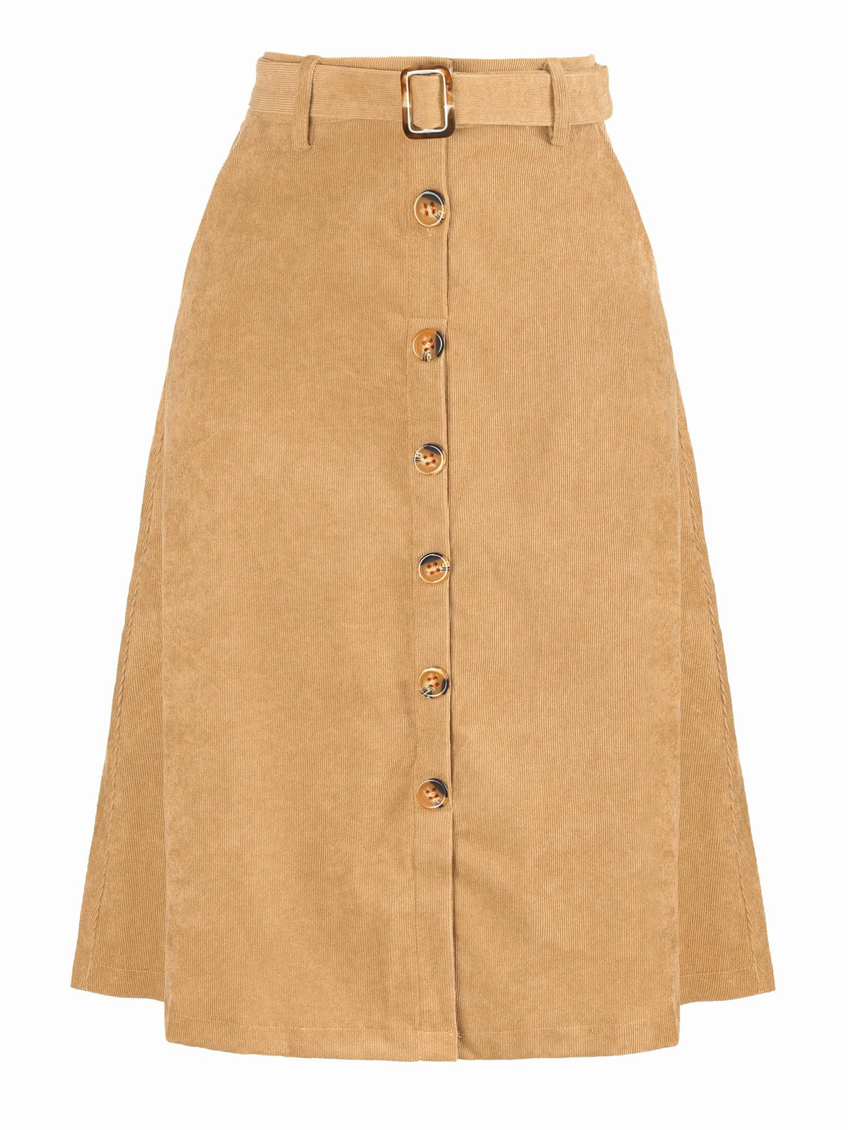 Allegra K Women's Button Front High Waist A-Line Belted Corduroy Midi Skirt