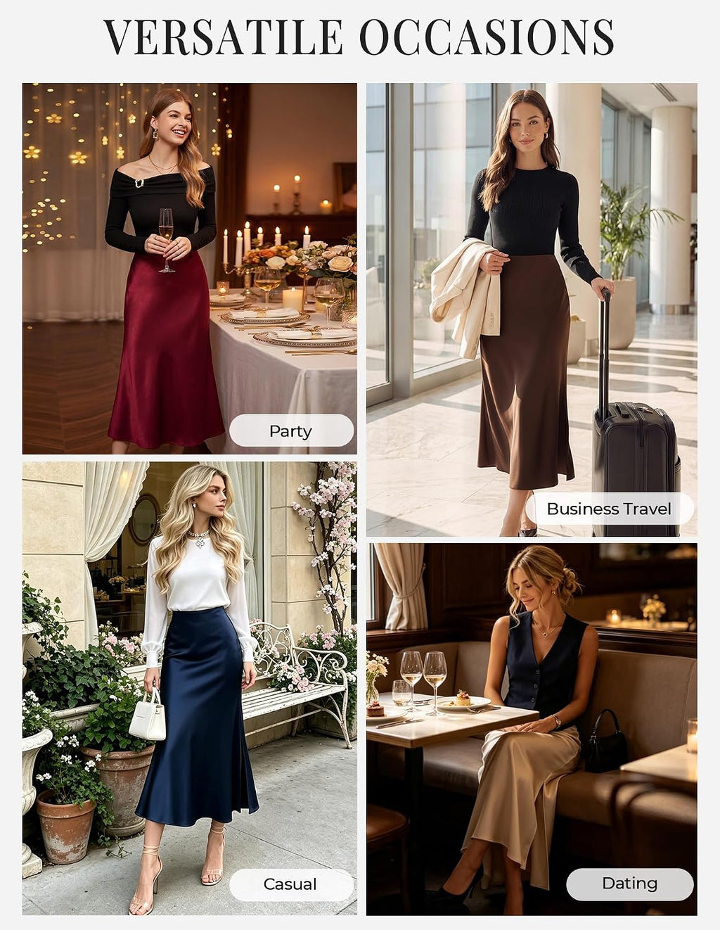 Kate Kasin Women Satin Midi Skirts, High Waisted Silk Flowy Fishtail Skirt