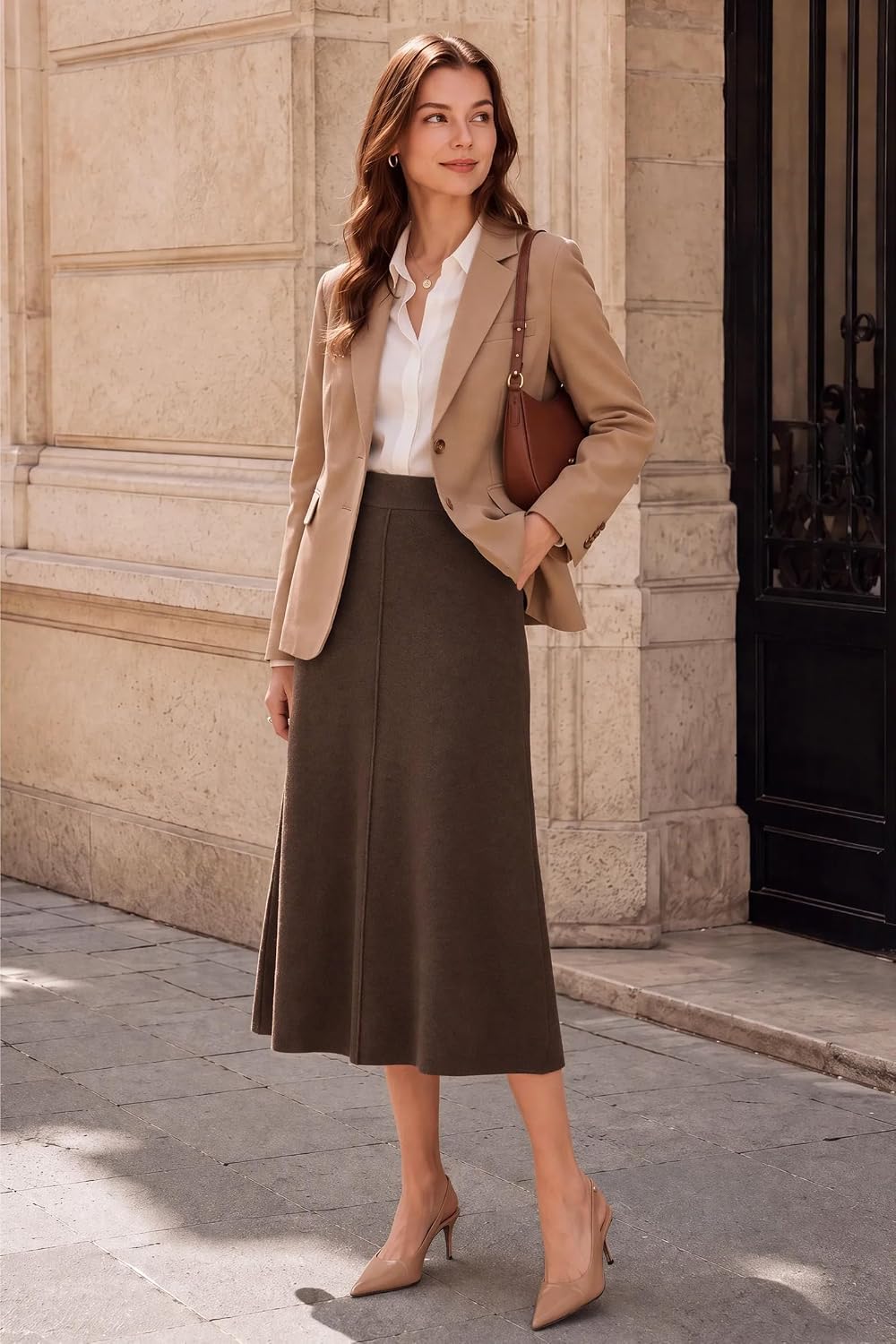 Arach&Cloz Women's Wool Blend A-Line Elastic Waistband Fall Sweater Skirts