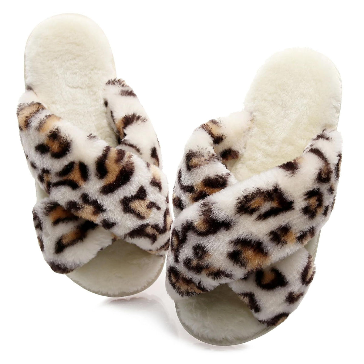 Crazy Lady Womens Fuzzy House Slippers Cross Band Memory Foam Sandals