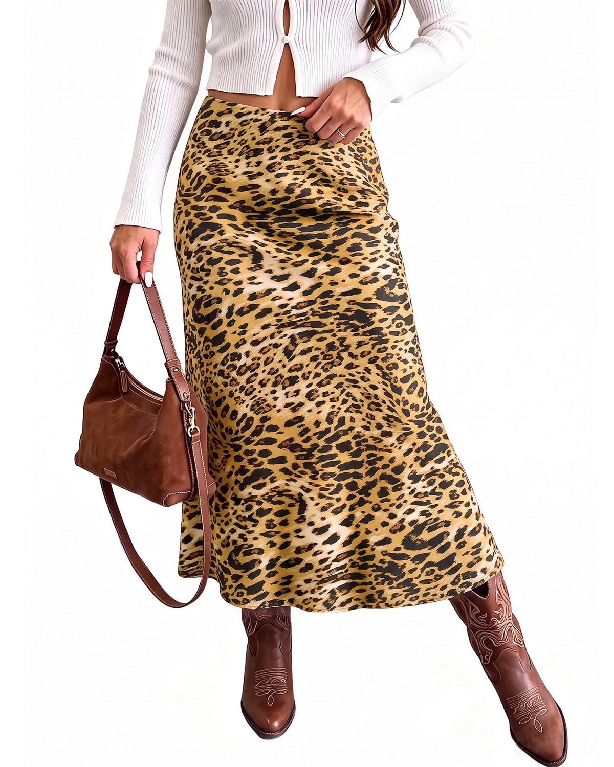 luvamia Women Satin Skirt Leopard Print Maxi Long Stretchy Elastic Skirts