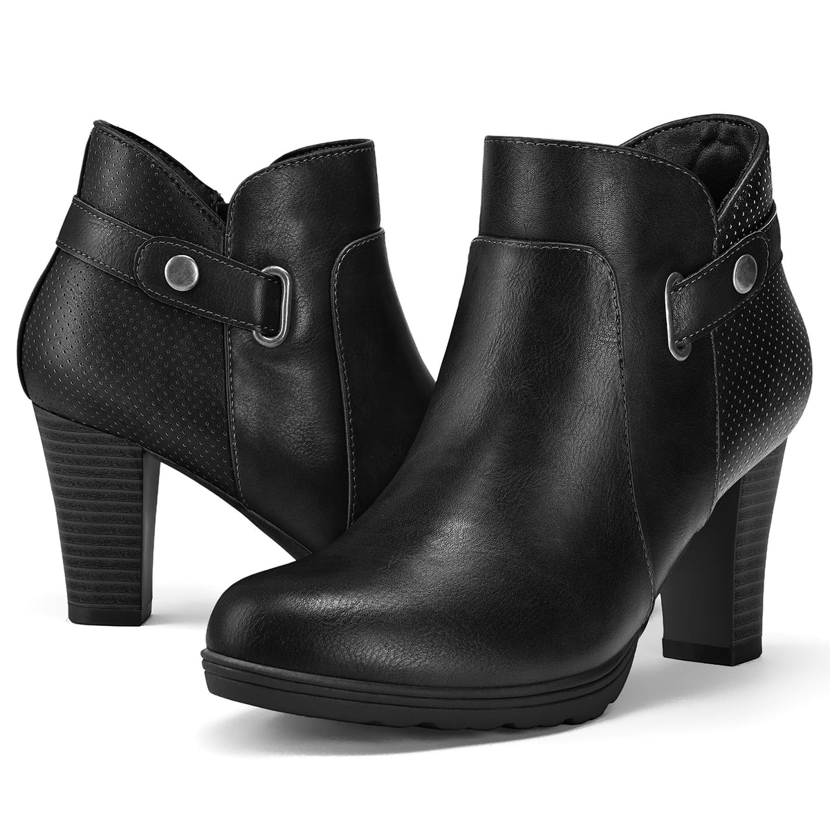 mysoft Women's Chunky Stacked Heel Ankle Boots Zipper Buckle Booties